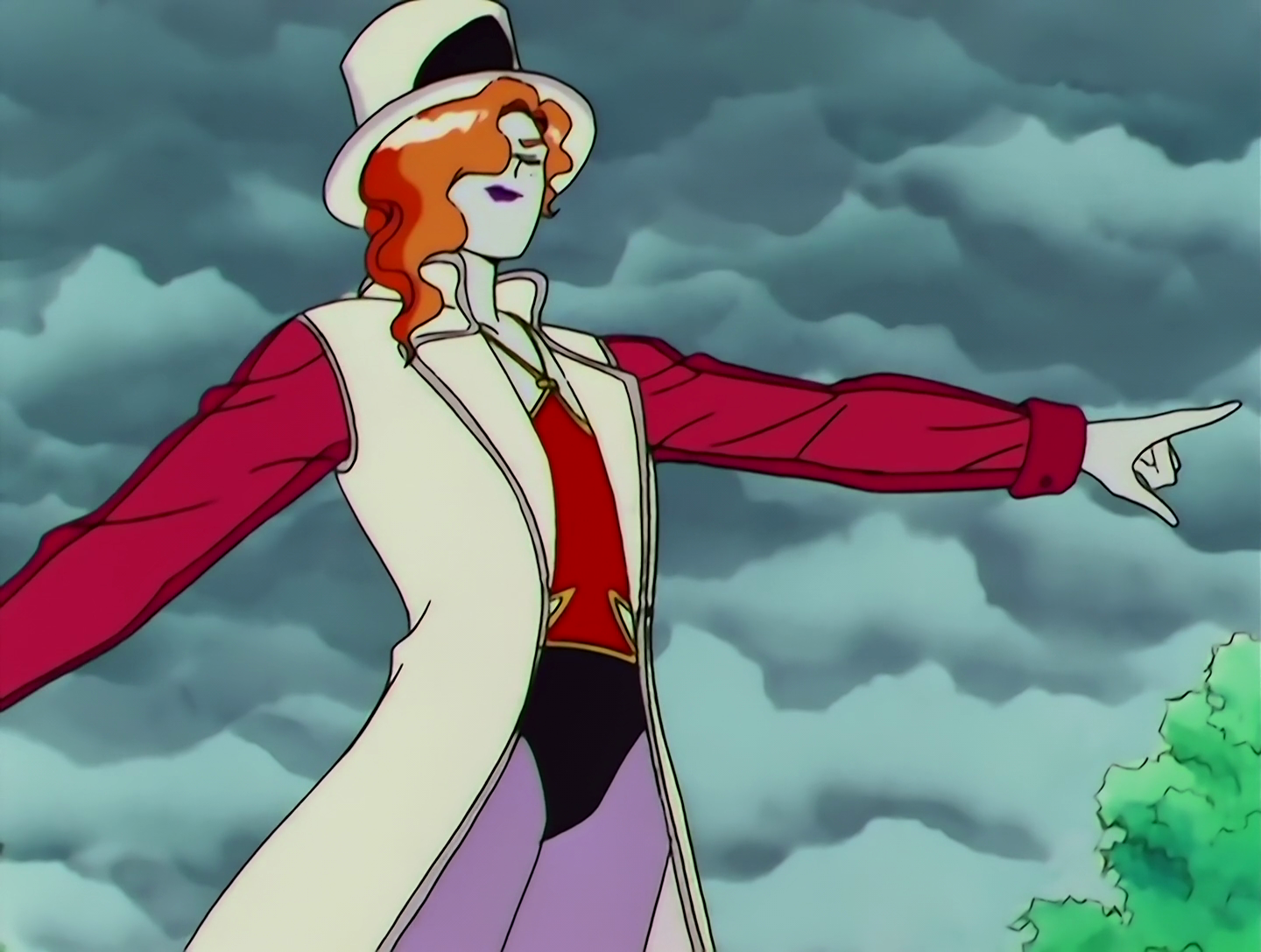 Tobihaneru, a Lemures from Sailor Moon episode 148. He’s a moderately buff guy with pale white skin and floppy orange hair. He’s wearing a red top that’s basically a large red cutout spade shape, black trunks and lilac tights. He’s also wearing a white top hat and a white jacket with red sleeves.